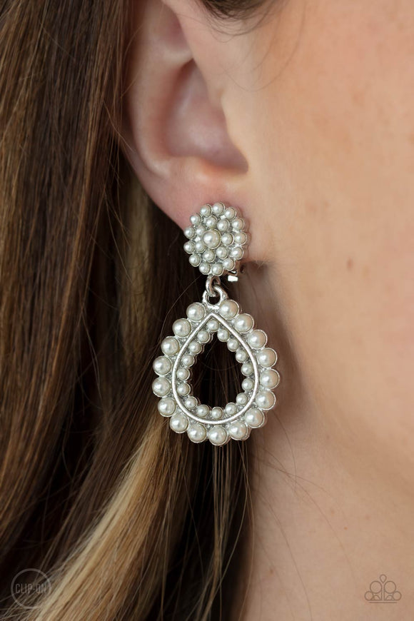 Discerning Droplets - White Clip-On Earrings